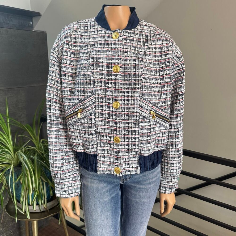 VENUS Navy Tweed Bomber Jacket Large Spring 2021 Gold Button Z213020 Rare
